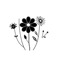 Stylized Black and White Floral Arrangement A minimalist illustration of wildflowers with varying petal shapes and delicate stems, creating a balanced . vector
