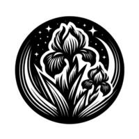 Elegant black and white stylized floral within a circular frame, featuring two irises, stars, and a crescent moon, evoking a celestial garden feel. vector