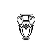 Symmetrical Black and White Greek Amphora with Ornate Handles and Floral Motif on a Clean White Background. vector
