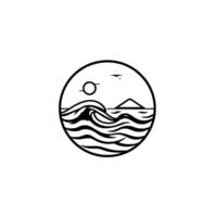 Monochromatic circular featuring stylized ocean waves, sun, island, and a bird, evoking serene minimalist coastal aesthetic. vector