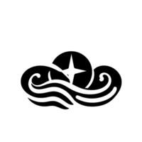 Abstract, minimalist featuring a star inside a circle, above stylized waves, and curled elements, on a white background. vector