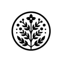 Black and white botanical emblem featuring a stylized floral tree within a circular frame, evoking simplicity and elegance. vector