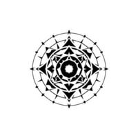 Intricate geometric mandala in grayscale, featuring radiating starlike elements within concentric circular layers on a stark white background. vector