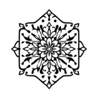 Geometric floral mandala , a symmetrical black and white illustration featuring intricate petal and leaf patterns within an octagonal frame. vector