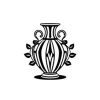 Ornate Black and White Vase Illustration with Striped Pattern, Scroll Handles, and Foliage Accents, Centered Against White Backdrop. vector