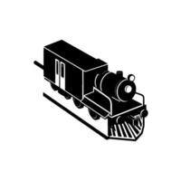 Isometric View of a Classic Black and White Steam Engine Train with Passenger Car, on Tracks, Minimalist . vector
