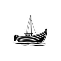 Stylized Black and White Illustration of a Striped Fishing Boat with Mast and Subtle Waves on White Background. vector