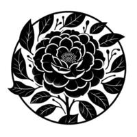 Intricate Black and White Floral Illustration A Detailed, Stylized Camellia Bloom within a Circular Frame, Emphasizing Contrast and Pattern. vector