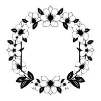 Elegant Black and White Floral Wreath A circular arrangement of stylized blossoms and leaves, creating a classic border for invitations or designs. vector