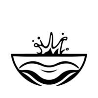 Stylized black and white illustration of a water bowl with splashing liquid, creating an abstract and minimalist . vector