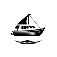 Stylized Black and White Illustration of a Sailboat with Flag and Minimalistic Wave Representation on White Background. vector