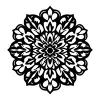 Intricate symmetrical black and white mandala featuring ornate petallike shapes, radial composition, and isolated on white backdrop. vector