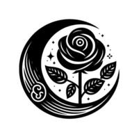 Black White Celestial Rose A stylized of a rose nestled within a crescent moon, with stars. vector