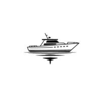 Minimalist black and white line drawing of a luxury motor yacht on calm water with a detailed reflection, capturing elegance and leisure. vector