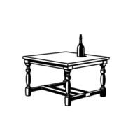 style illustration of a square table with ornate turned legs, a bottle placed atop, set against a stark white background. vector