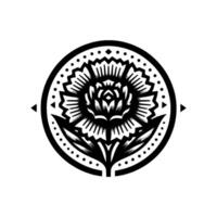A symmetrical, blackandwhite stylized floral illustration with ornate details, enclosed in a circular frame with directional triangles. vector