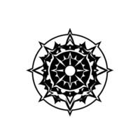 Intricate Black and White Mandala , Featuring Circular Symmetry, Spiky StarLike Elements, and a Central Dot, set against a pure white backdrop. vector