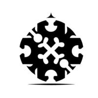 A symmetrical black and white stylized floral or ornamental resembling a snowflake or cross within a circle, with a minimalist aesthetic on a white background, emphasizing clean lines and geome vector