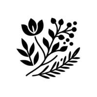 Minimalist Botanical Black and White Illustration Featuring a Flower, Berries, and Leaves on a Clean White Background. vector