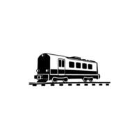 Simple black and white illustration of a modern train with a front headlight, rectangular windows, and wheels on a track, against white. vector