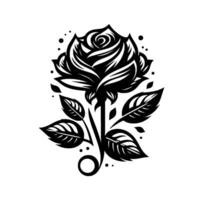 Intricate black and white floral of a rose, featuring detailed petals, stylized leaves, and a delicate stem, all against a clean white background. vector
