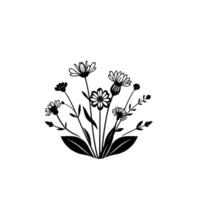 Simple black and white floral illustration with stylized daisies, leaves, and stems, arranged in a circular composition against a white background. vector