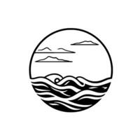 Minimalist circular featuring stylized ocean waves, setting sun, and layered clouds, rendered in black and white. vector