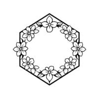 Geometric floral frame, black and white hexagonal , stylized flowers and leaves, decorative border, minimalist style. vector