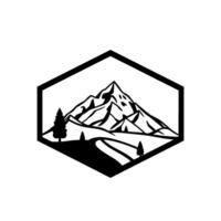 Stylized black and white mountain landscape silhouette framed within a hexagonal border, featuring trees and a winding road. vector