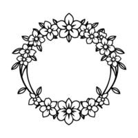 Elegant black and white floral wreath illustration, featuring stylized blossoms and leaves arranged in a circular frame with a clean, minimalist . vector