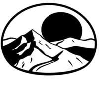 Black and white mountain and sun landscape illustration within an oval frame, evoking a sense of natures majesty and serene simplicity. vector