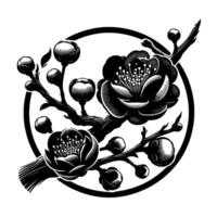 Intricate Black and White Illustration of Plum Blossom Branch Enclosed within a Circular Frame. vector