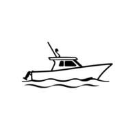 Minimalist Black and White Line Art of a Motorboat on the Water with Antenna and Simple Wave vector