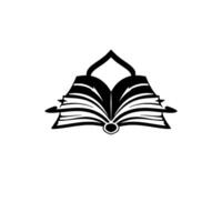 A minimalist, symmetrical, black and white illustration of an open book with stylized pages and a pointed arch structure, isolated on white. vector