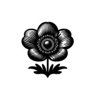 A stylized, monochromatic illustration of a fullbloom flower, meticulously rendered with contrasting lines and shapes, highlighting the petals and the central core of the flower. vector