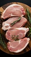 Raw pork chops on a wooden cutting board with herbs photo