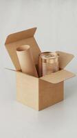 Brown kraft paper box mockup with paper tube tin can isolated on white background 3d rendering photo