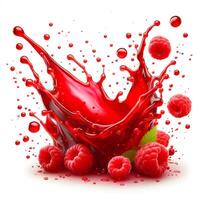 Red raspberry splash with splash of juice on white background photo