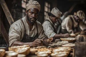 Historical Scene Depicting Workers Preparing Food in an Old Workshop photo