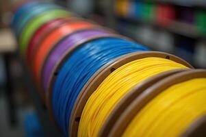 Colorful 3D Printer Filament Spools Displayed in a Workshop for Enthusiasts photo