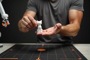 Hands Holding a 3D Printed Cat Model Showcasing Technology and Creativity photo