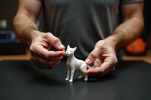Man Holding 3D Printed Model of Dog Showcasing Intricate Details and Craftsmanship photo