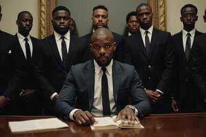 Powerful Business Negotiations Image Featuring a Confident Leader and Their Team photo