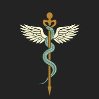 This stylized caduceus design features a snake wrapped around a staff, with large, elegant wings. vector