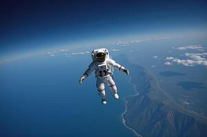 Astronaut Floating in Space Above Planet Earth with Stunning View of the Horizon photo