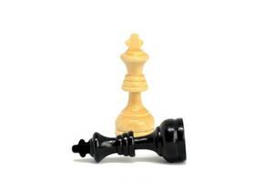 The white king defeated black king isolated on white background. Blurred black king photo