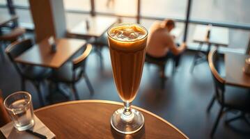 A glass of coffee sitting on a table in front of a window photo