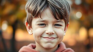 A boy is smiling in front of a tree photo