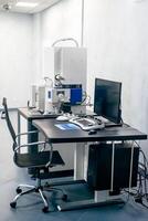 Work space of scientist with Electron microscope, table and computer photo