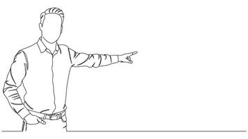 Continuous line drawing illustration of professional man pointing direction vector